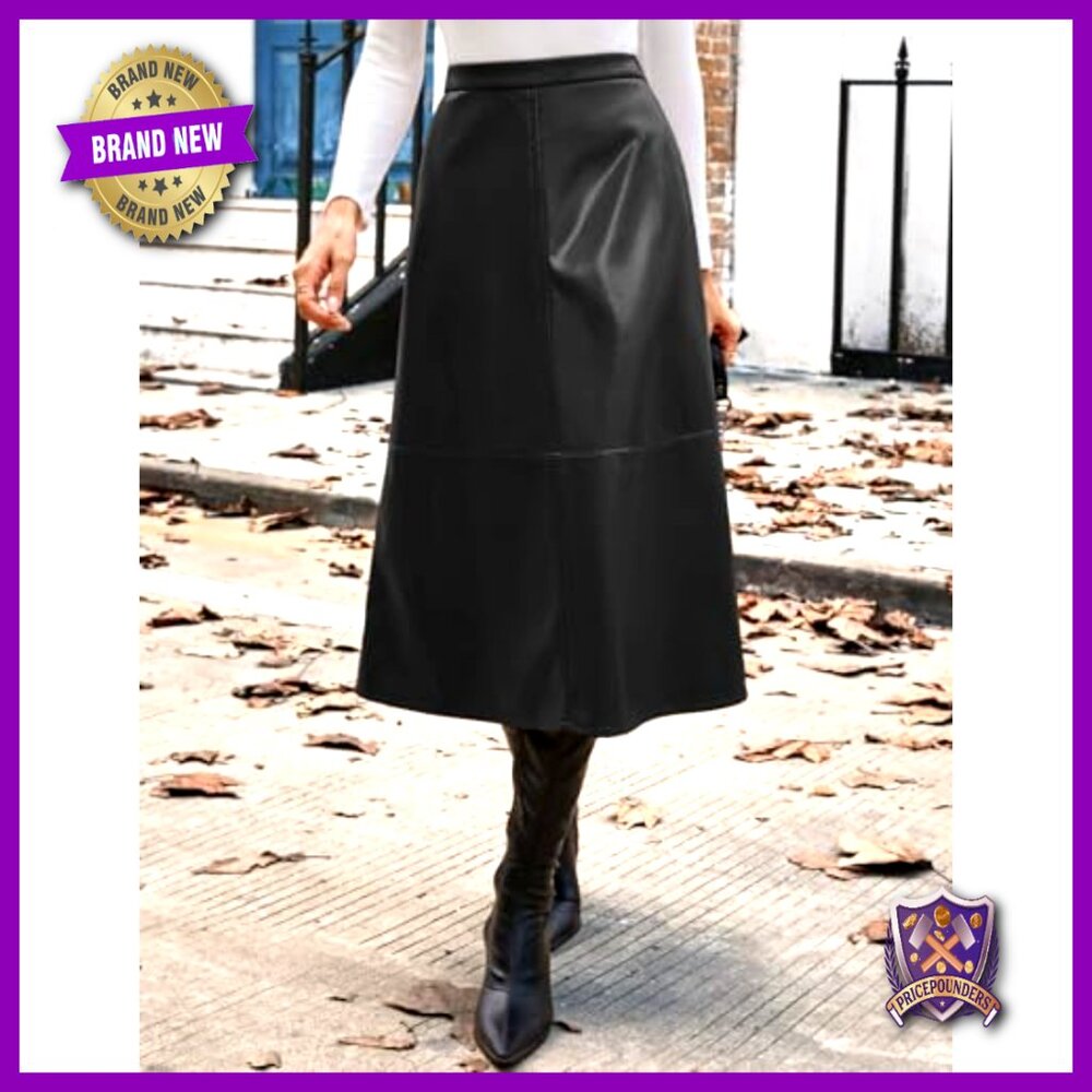Faux Leather Midi Skirt High Waist A-Line Fall Winter Professional Casual - Picture 5 of 7